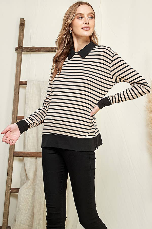 CAY1242LS - STRIPE SWEATSHIRT TOP WITH COLLAR