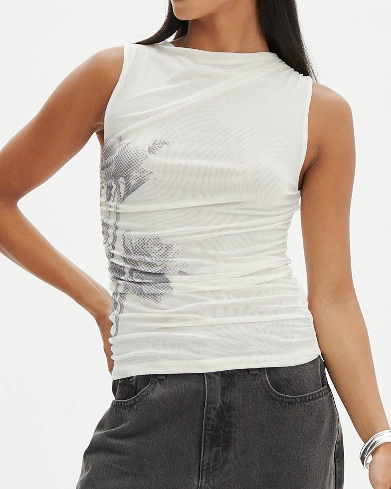 Chic Floral Printed Pleated Slim Mesh Top