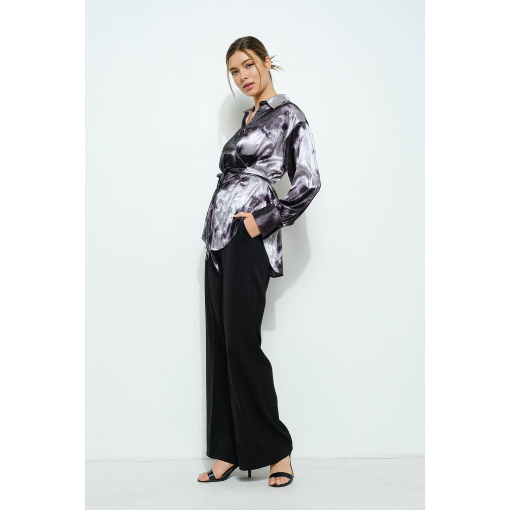 Long Sleeve Tie Dye Print Wrap Detail Blouse Top