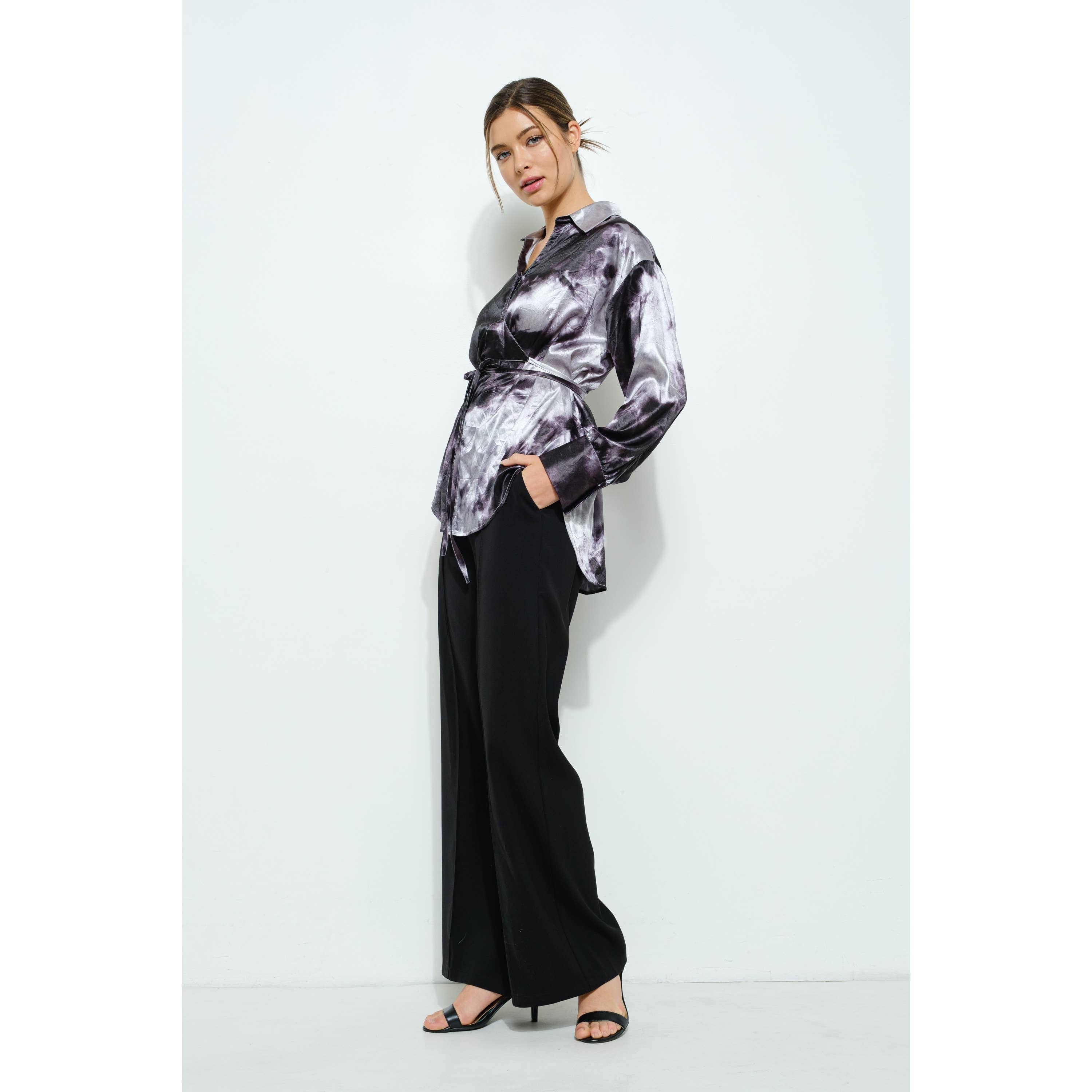 Long Sleeve Tie Dye Print Wrap Detail Blouse Top