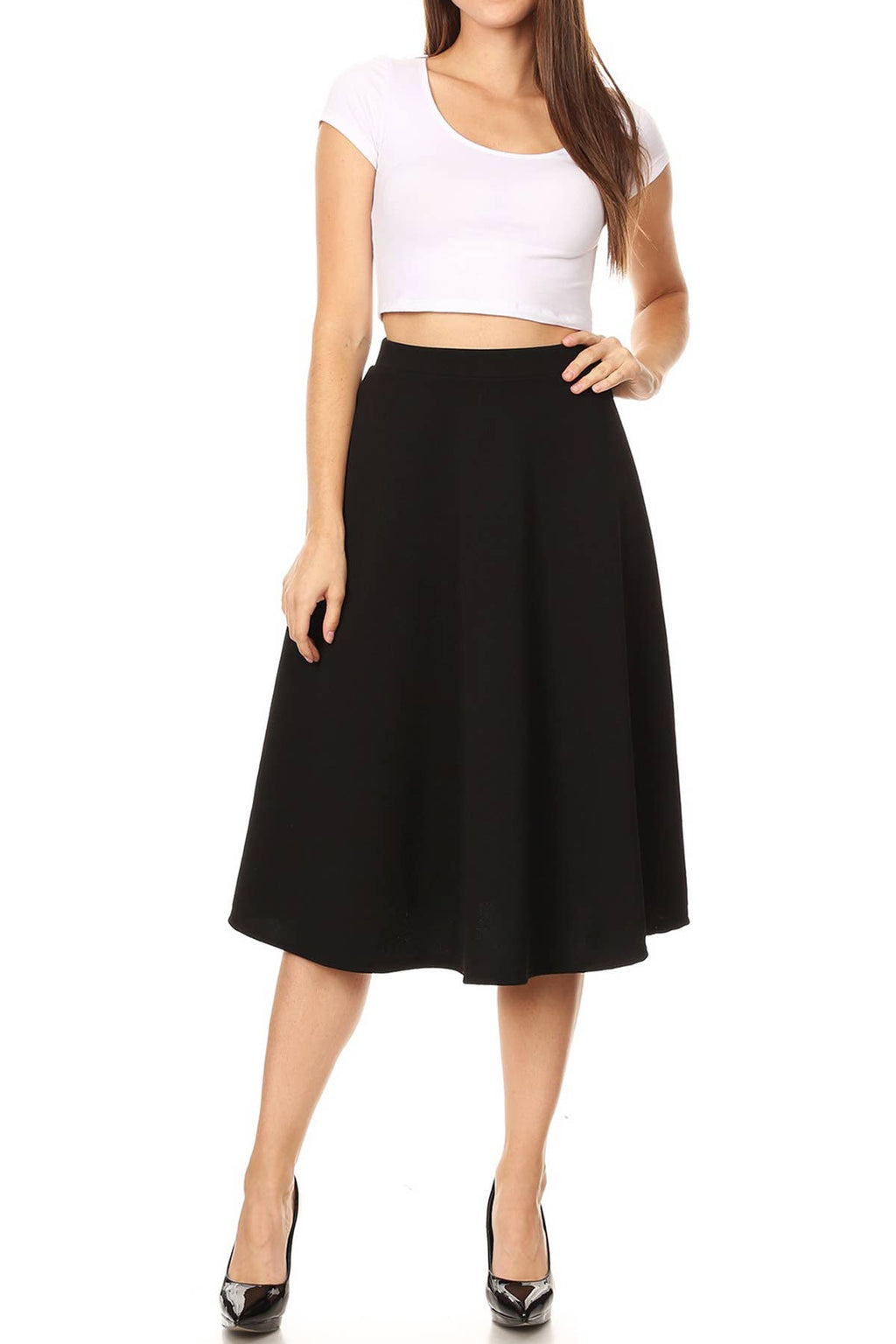 Women's Solid Basic Casual A-line Flared Midi Skirt
