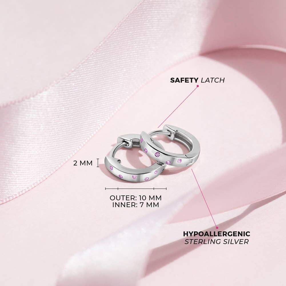 Staggered CZ Gems 9mm Girls Earrings Hoop - Sterling Silver