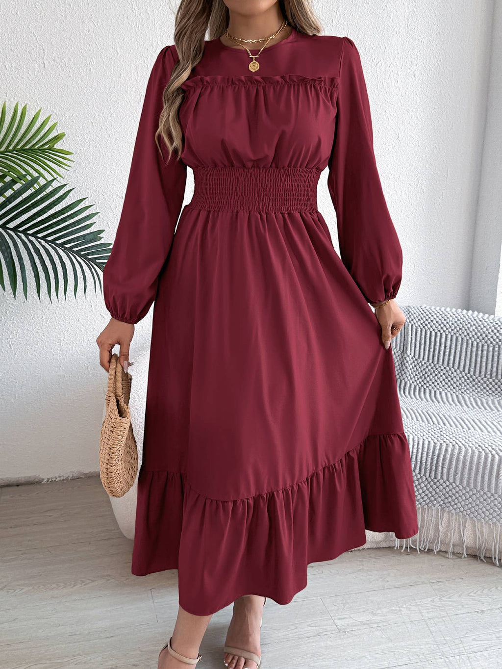 Elegant Round Neck Waist-Cinched Ruffle Hem Dress