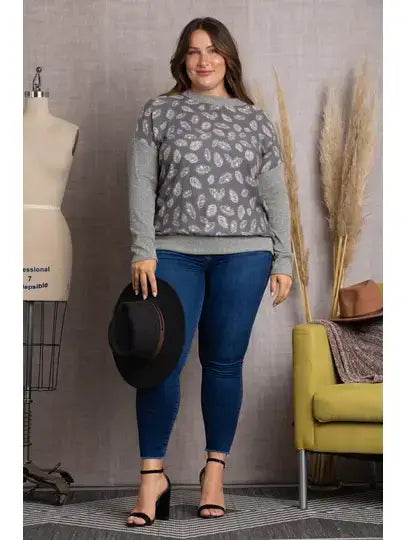 GREY LEAVES PRINT RIB CONTRAST PLUS SIZE TOP-TP1952