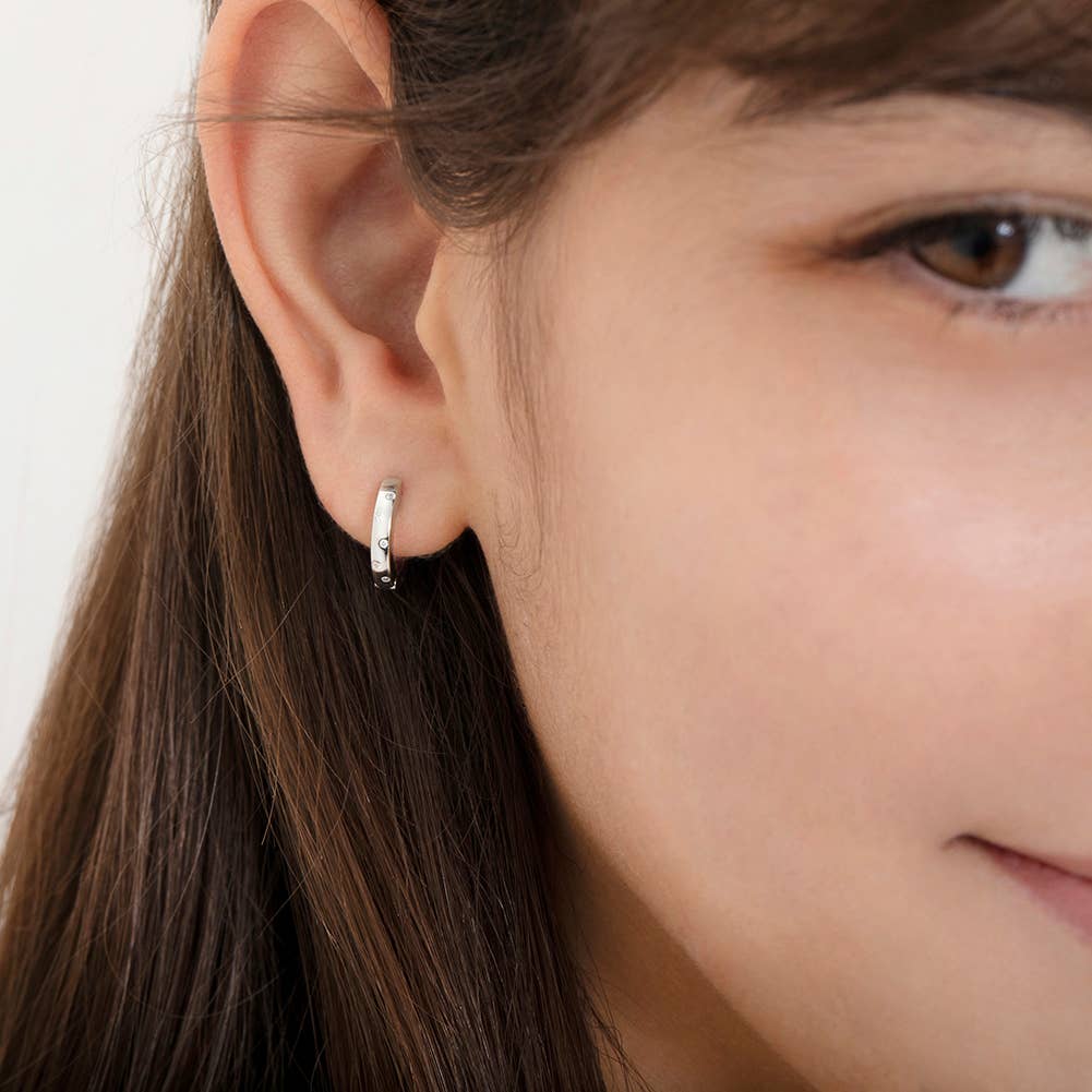 Staggered CZ Gems 9mm Girls Earrings Hoop - Sterling Silver