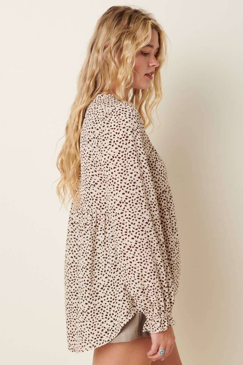 ABSTRACT PRINT RUFFLE MOCK NECK BLOUSE