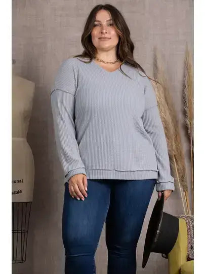 STEEL RIBBED KNIT LONG SLEEVES PLUS SIZE TOP-M5044P