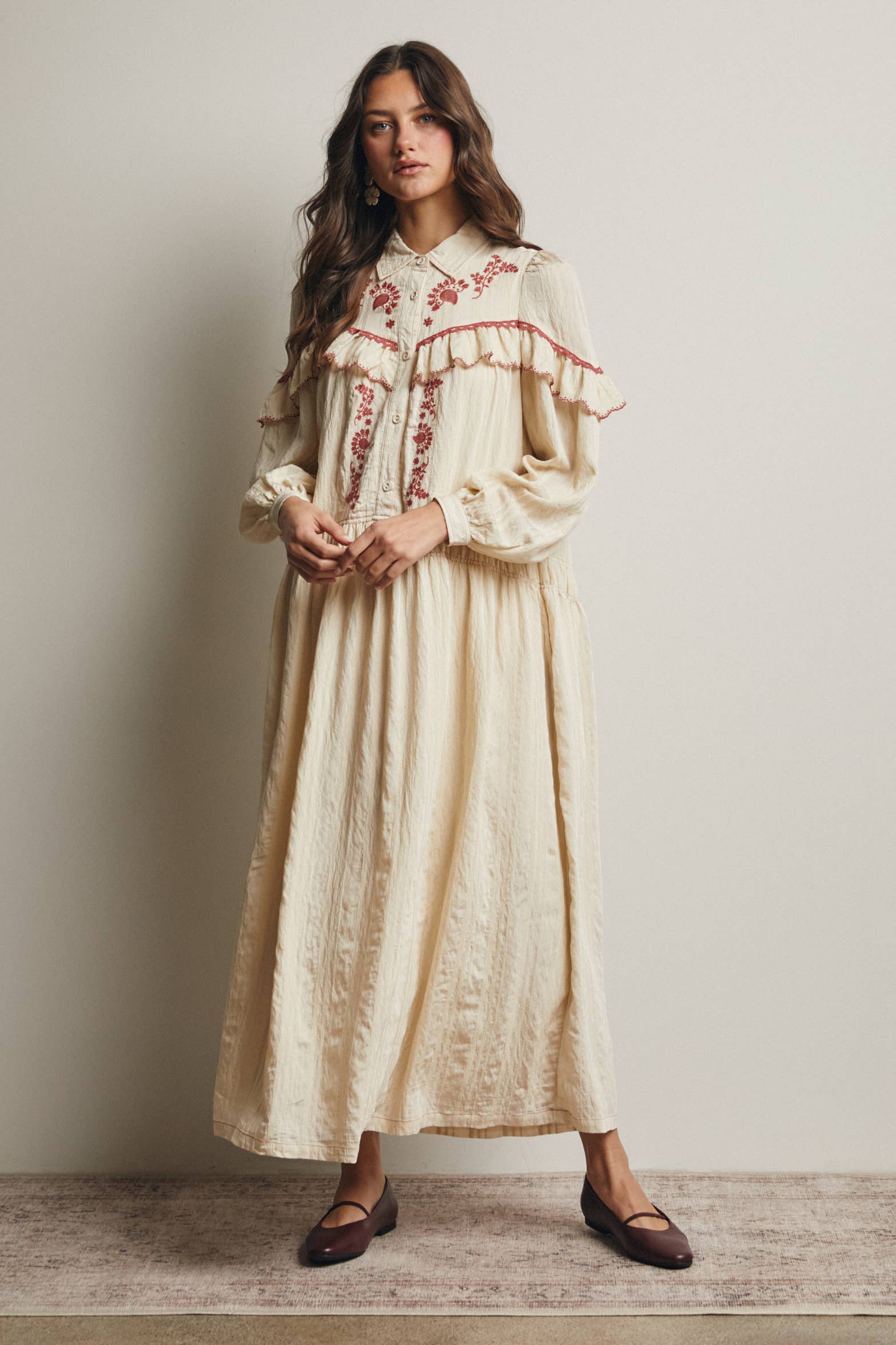 Embroidered Ruffle Trim Maxi Dress FD0018