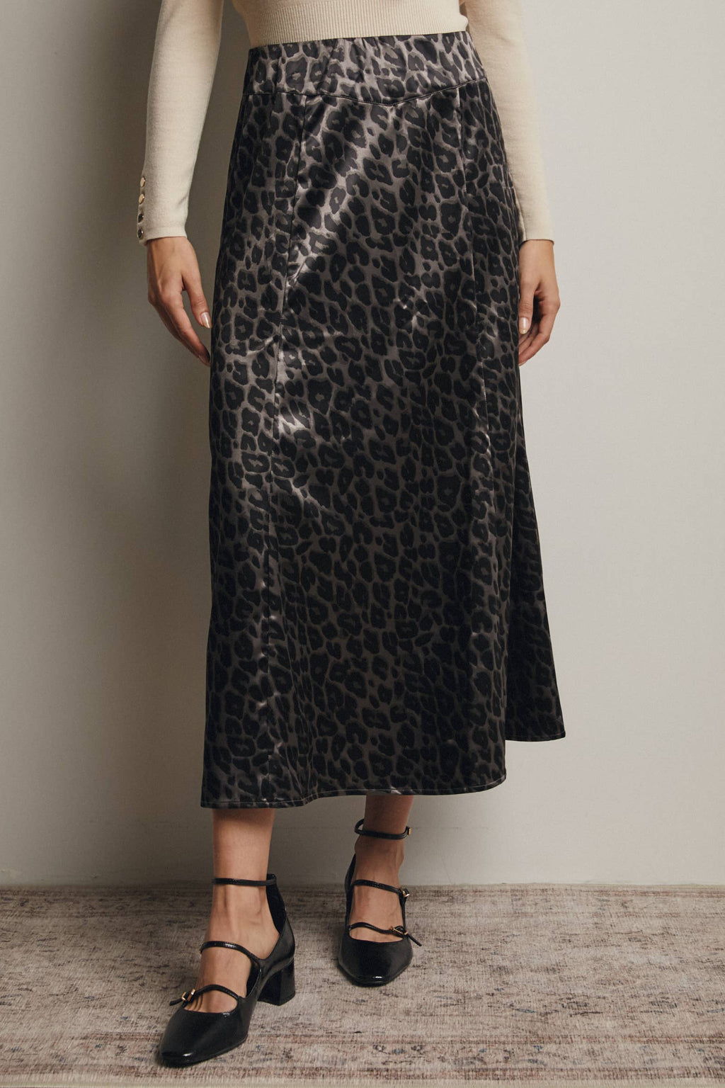 Leopard Print Satin Midi Skirt
