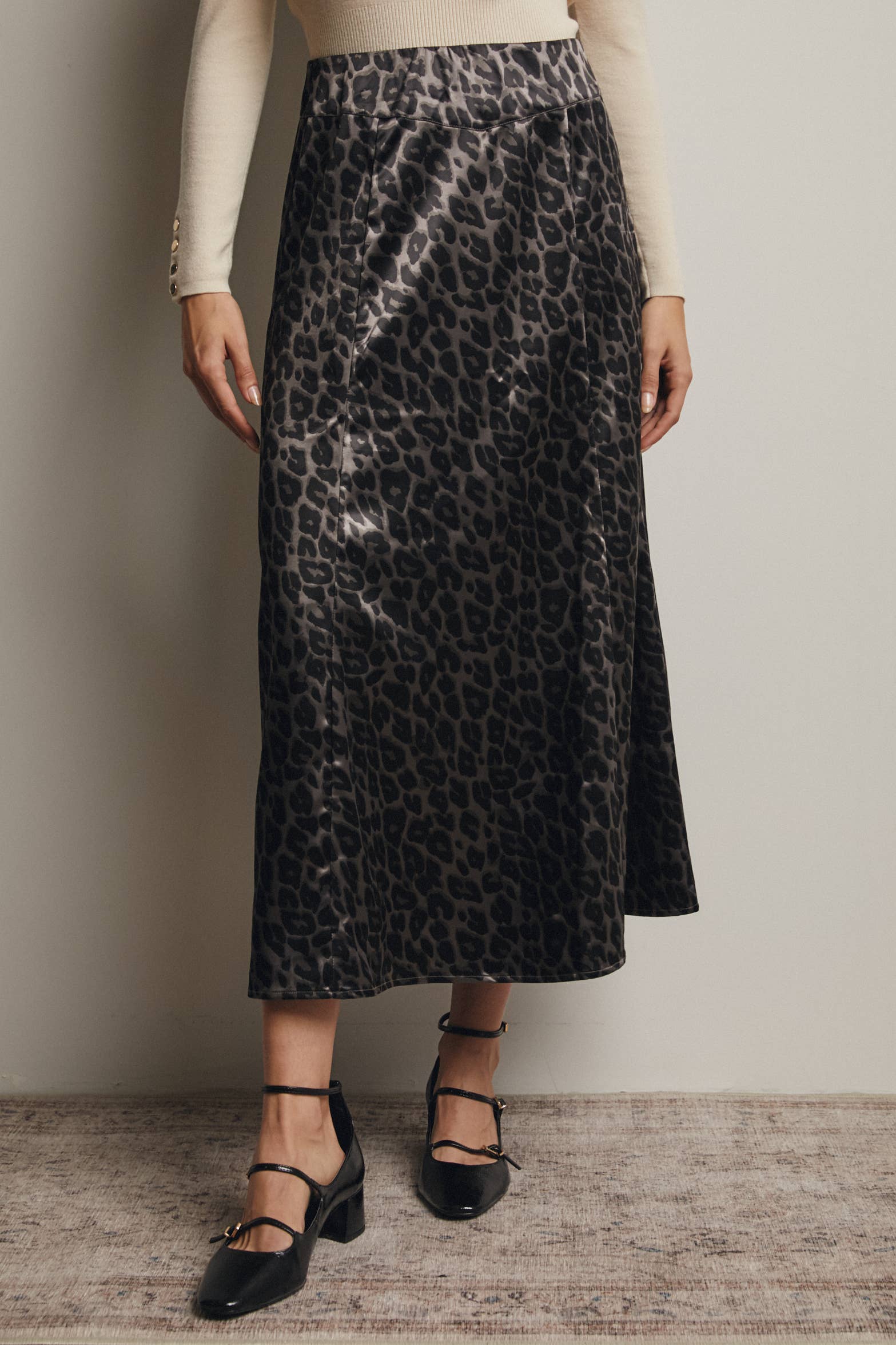 Leopard Print Satin Midi Skirt