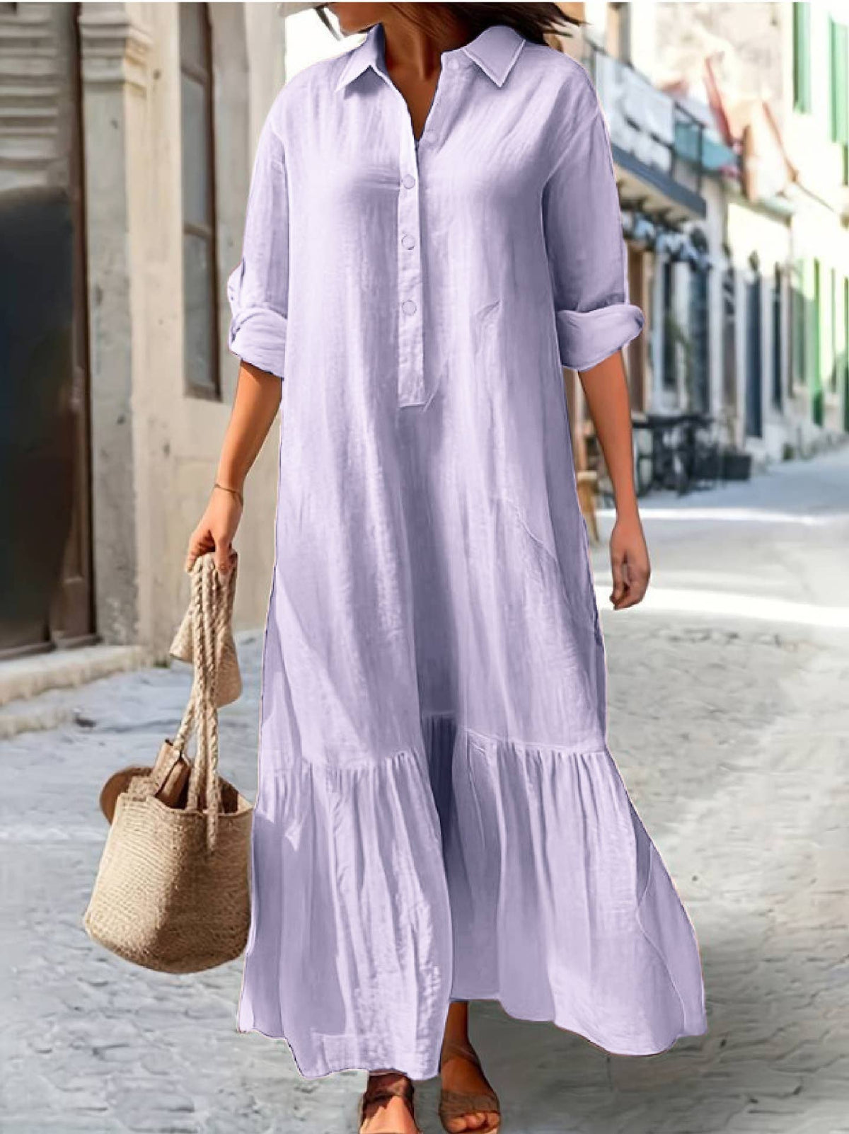 Long-sleeved button loose maxi dress