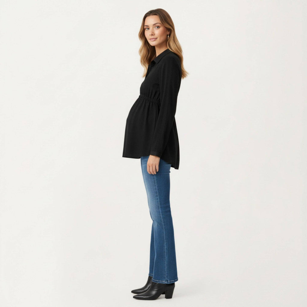 Maternity Long Sleeve Top with Collared Neckline Elastic Emp