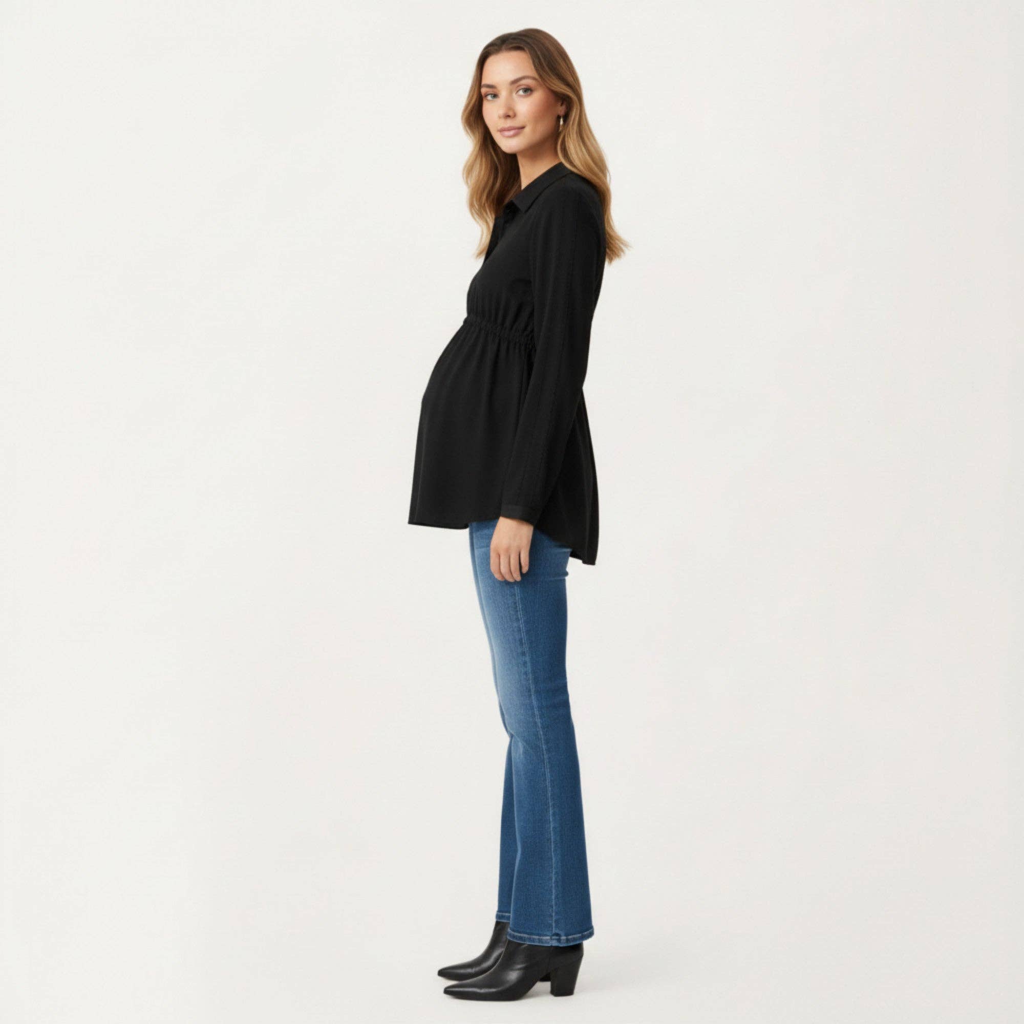 Maternity Long Sleeve Top with Collared Neckline Elastic Emp