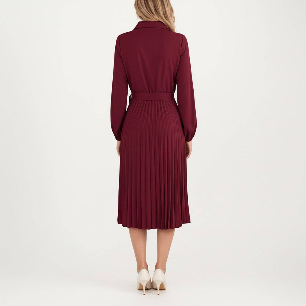 Pleated Midi Dress with Button-Down Front, Long Sleeves, and Waist Tie for a Feminine and Flattering Silhouette