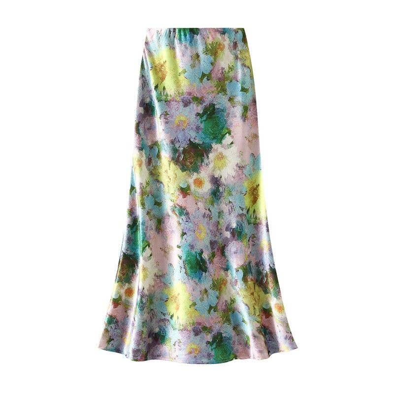 Satin Floral Print Skirt