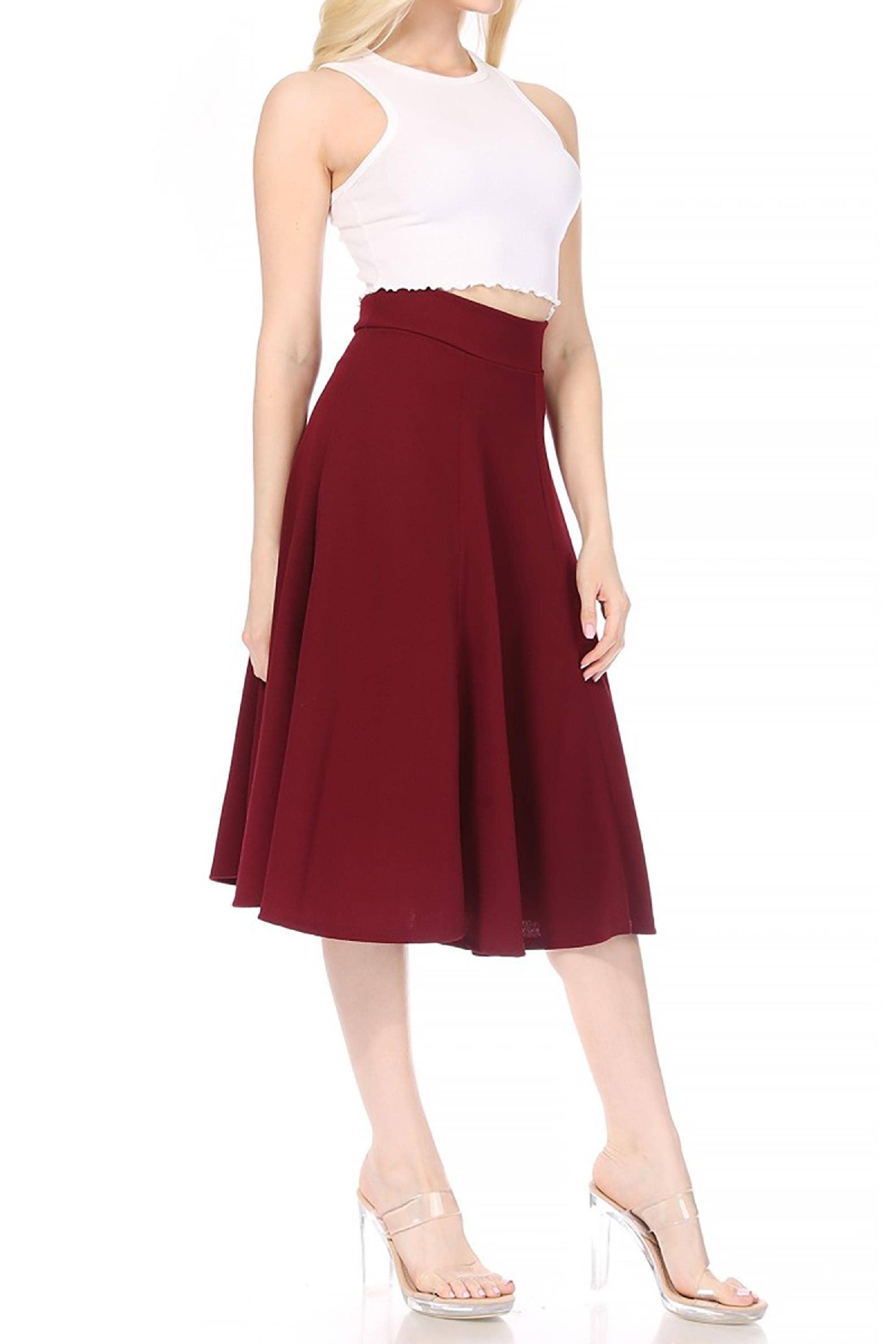 Women's Classic Solid Flared Midi A-Line Skirt