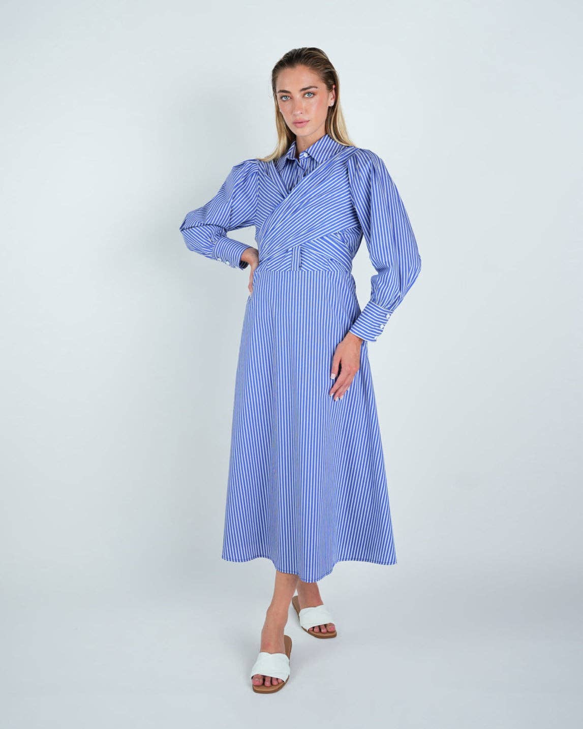 Cotton Striped Criss-Cross Midi Shirt Dress