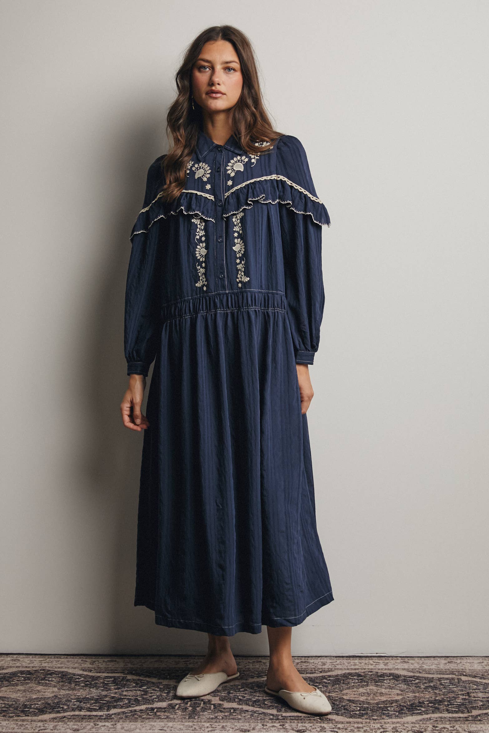 Embroidered Ruffle Trim Maxi Dress FD0018
