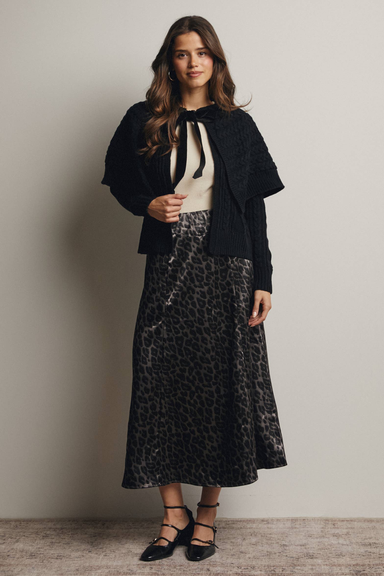 Leopard Print Satin Midi Skirt