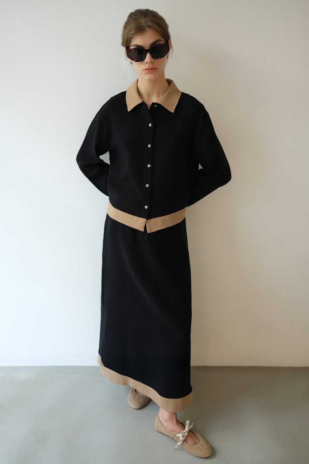 Contrast Trim Button-Down Shirt & Maxi Skirt Set – Cotton