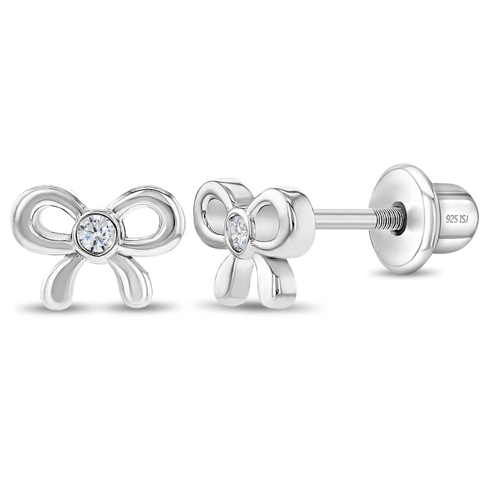 Delicate CZ Bow Baby Toddler Kids Earrings - Sterling Silver