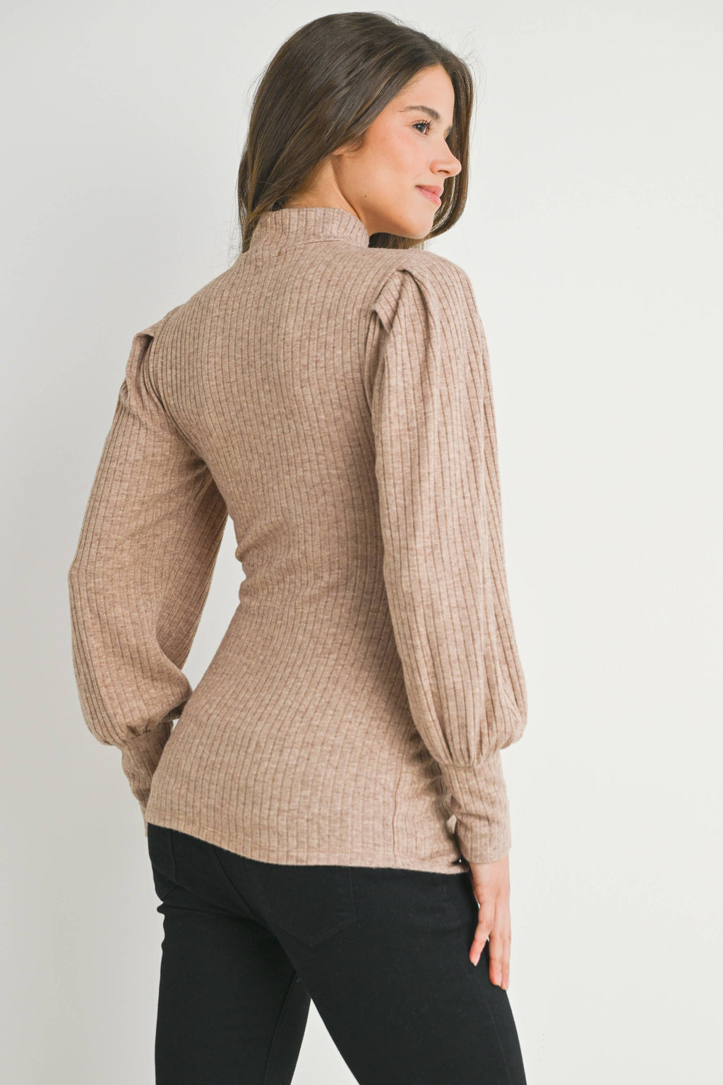 Ribbed Mock Neck Puff Sleeve Maternity Top