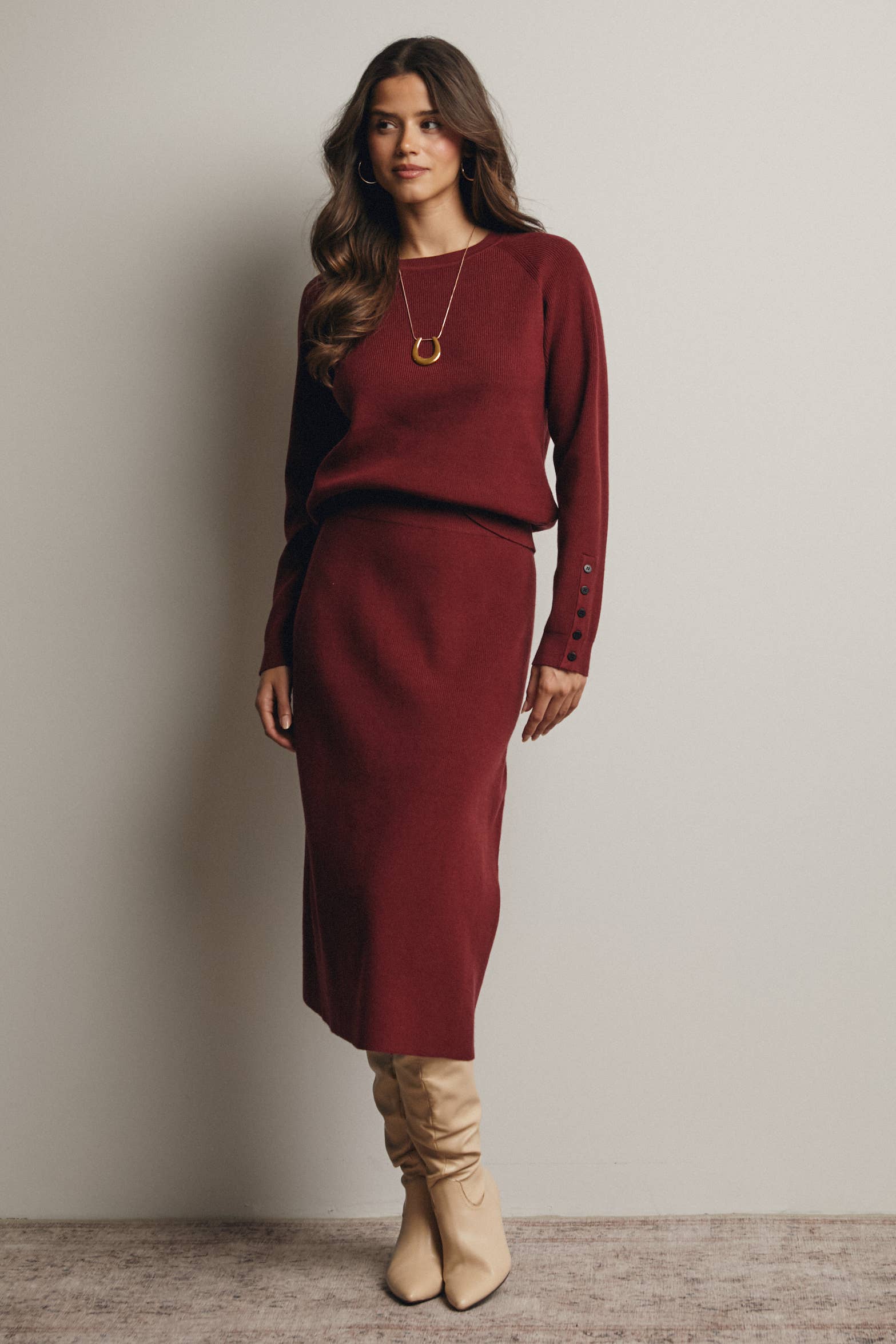 Ribbed Cuff Sweater & Midi Skirt Knit Set FWSET001