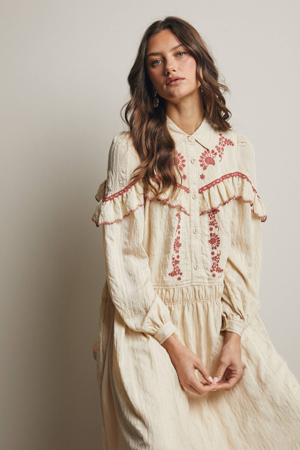 Embroidered Ruffle Trim Maxi Dress FD0018