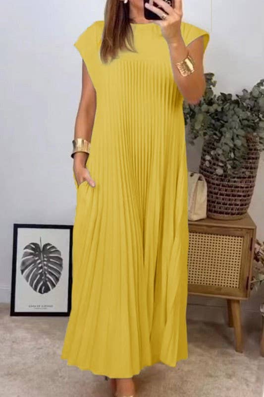 Pleated maxi flare swing dress Loose A-line tee dress