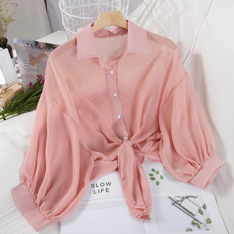 Bat Wing Cropped Casual Chiffon Women Solid Color Shirt
