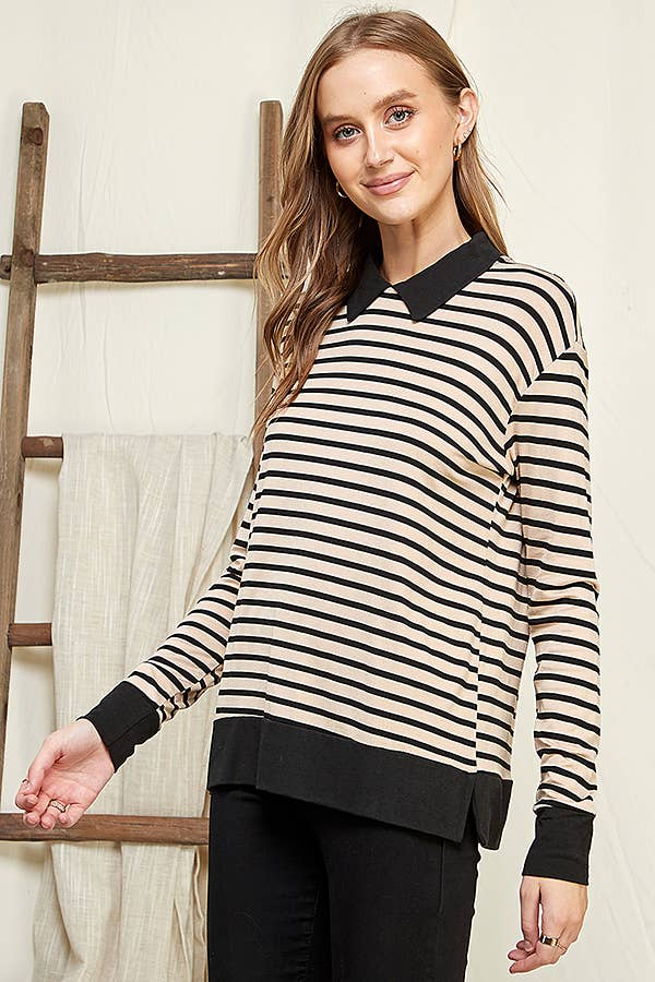 CAY1242LS - STRIPE SWEATSHIRT TOP WITH COLLAR