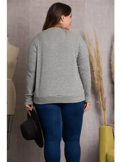 GREY LEAVES PRINT RIB CONTRAST PLUS SIZE TOP-TP1952