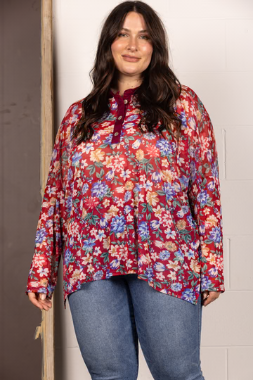 BROWN MANDARIN COLLAR FLORAL PRINT PLUS SIZE TOP T7538