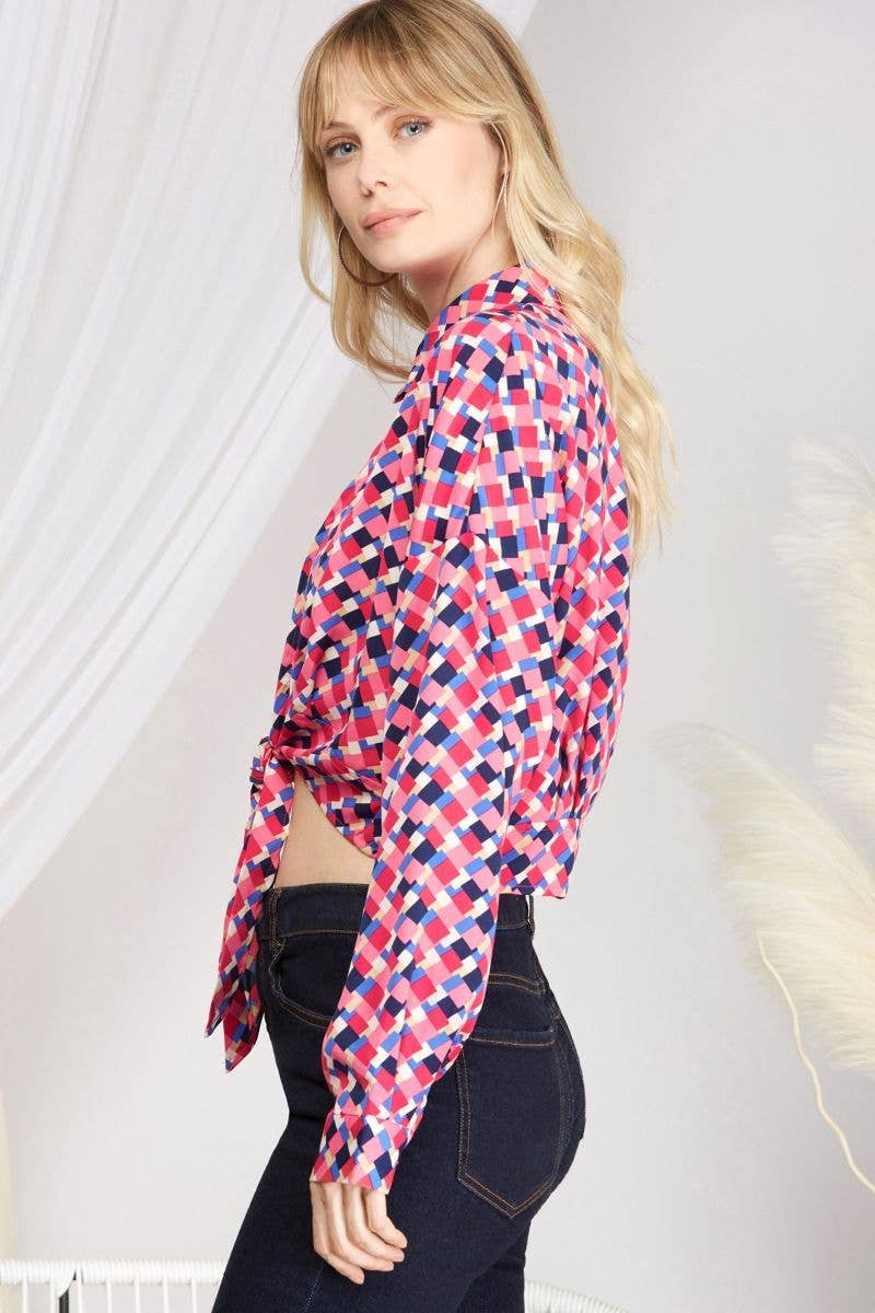 PINK GEO PRINT LONG SLEEVES FRONT-TIE WOVEN TOP SKSY2546