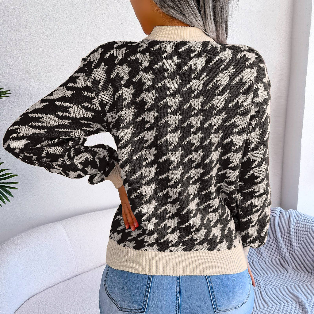 Casual houndstooth pullover knit sweater