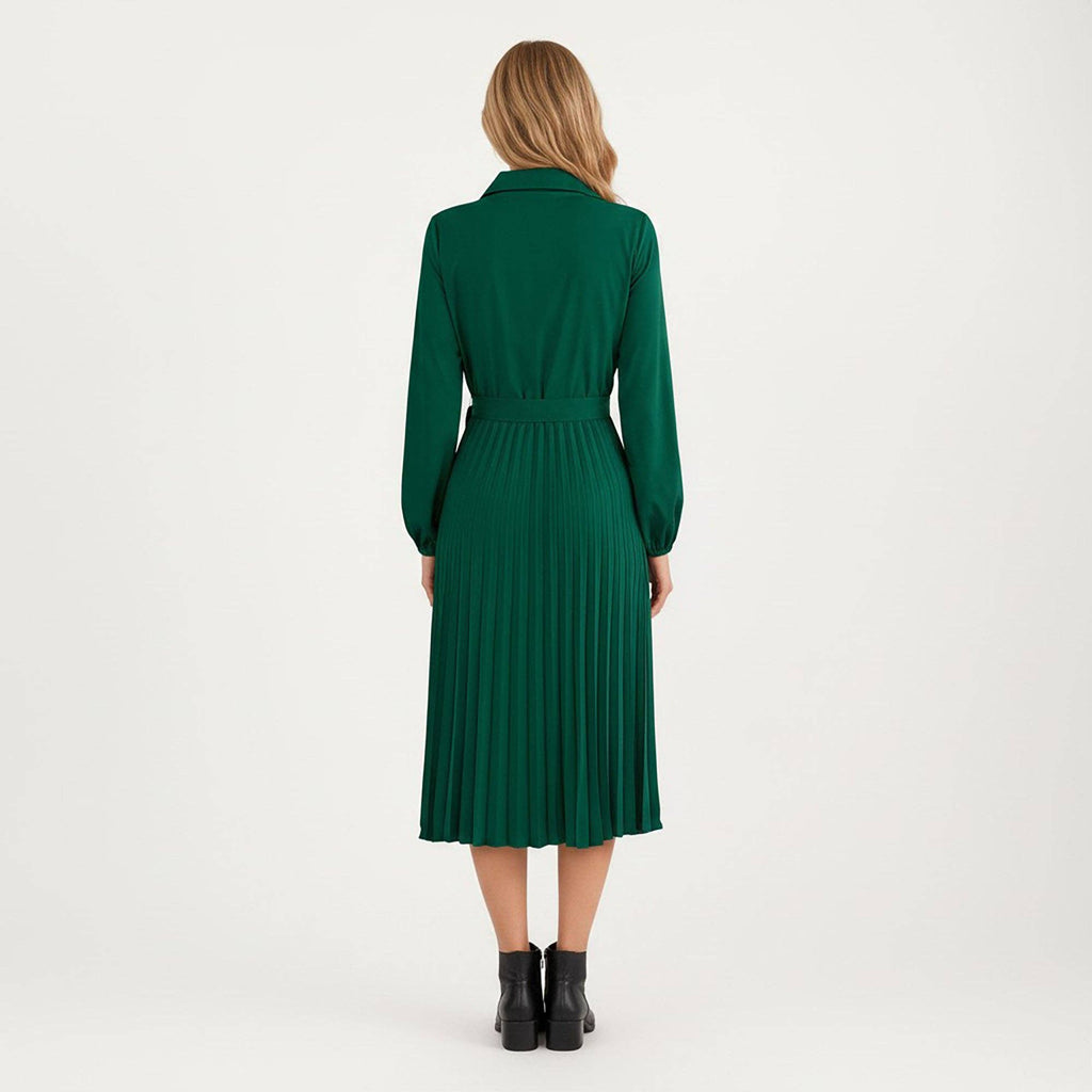 Pleated Midi Dress with Button-Down Front, Long Sleeves, and Waist Tie for a Feminine and Flattering Silhouette