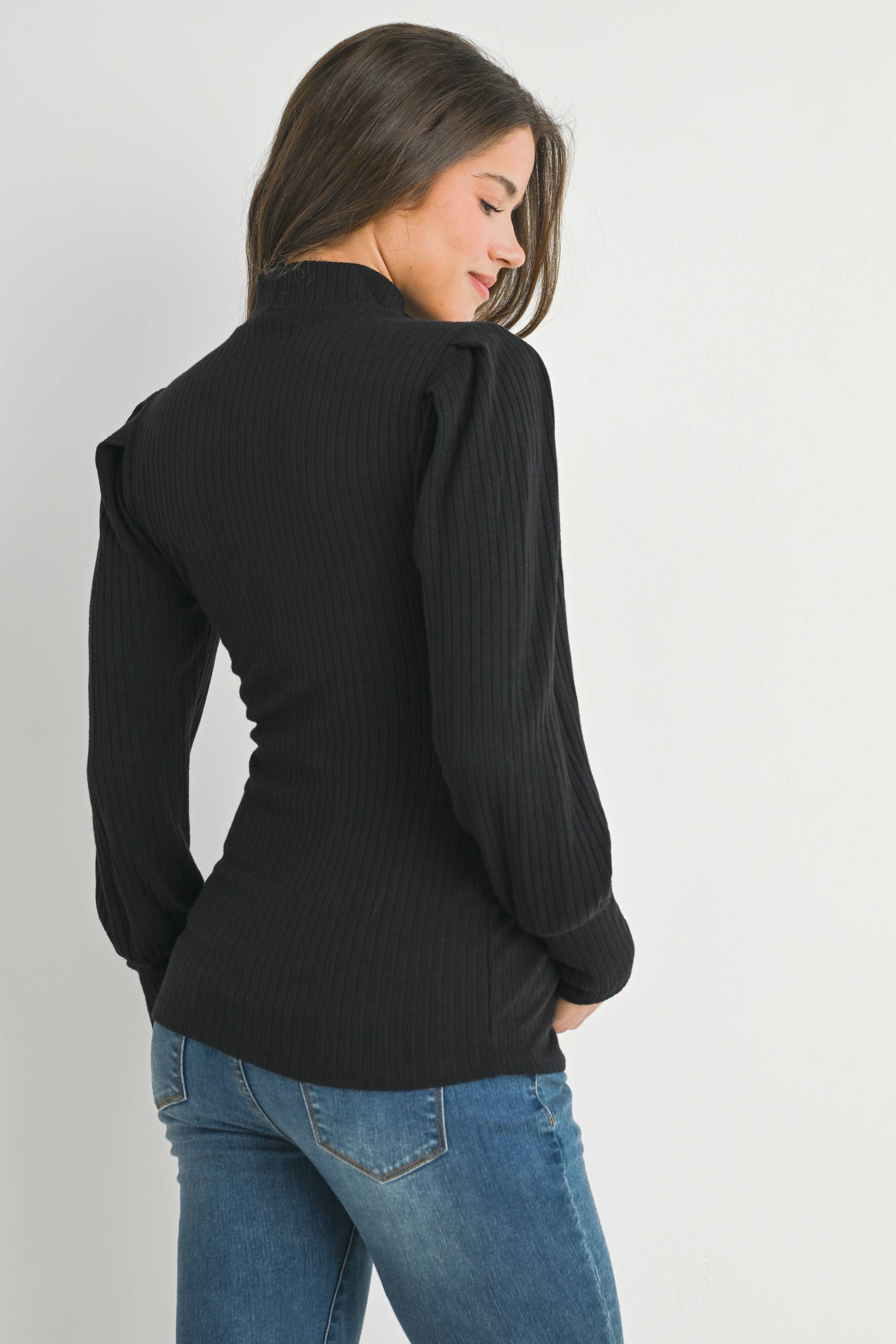 Ribbed Mock Neck Puff Sleeve Maternity Top