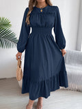 Elegant Round Neck Waist-Cinched Ruffle Hem Dress