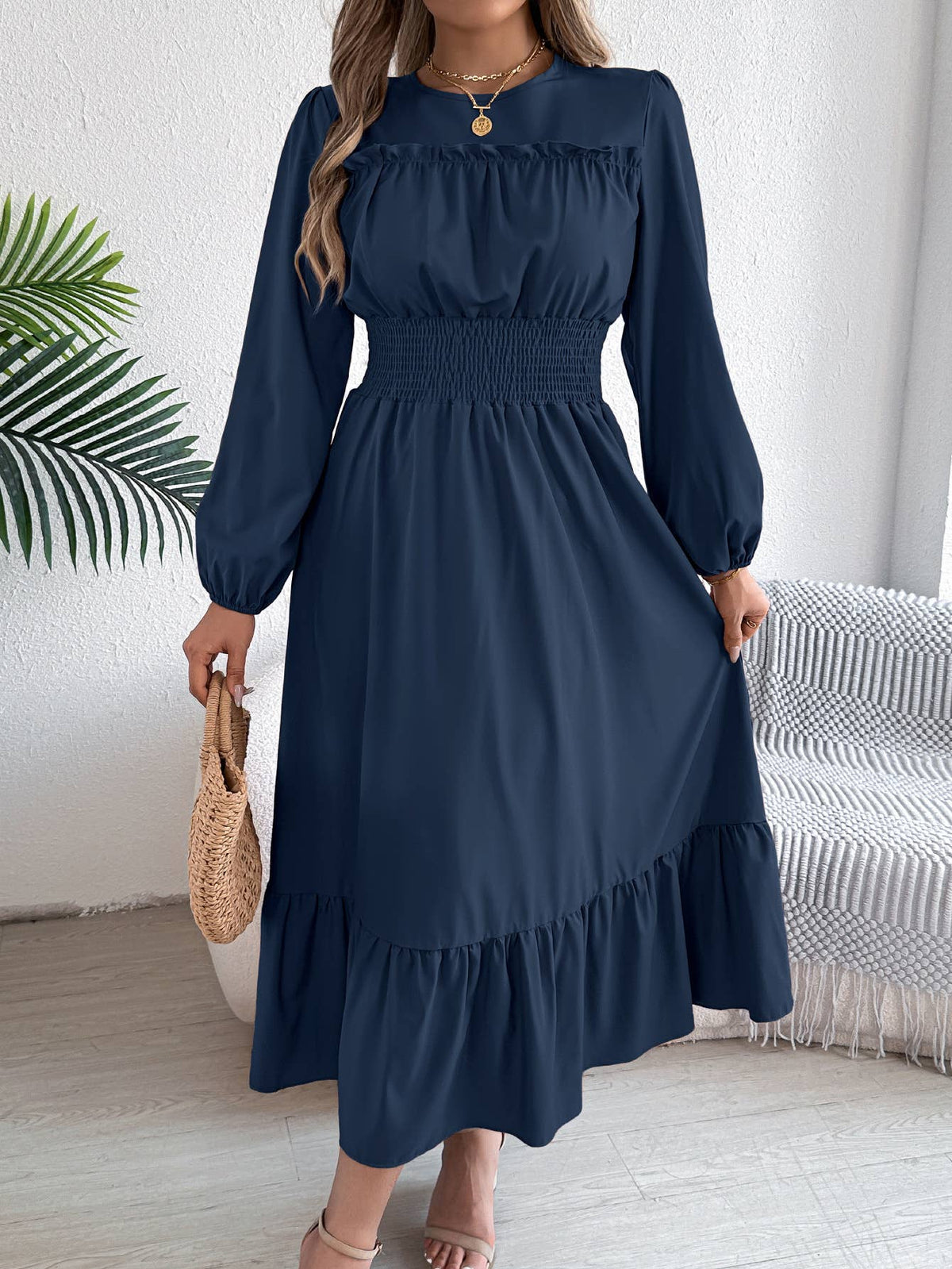 Elegant Round Neck Waist-Cinched Ruffle Hem Dress