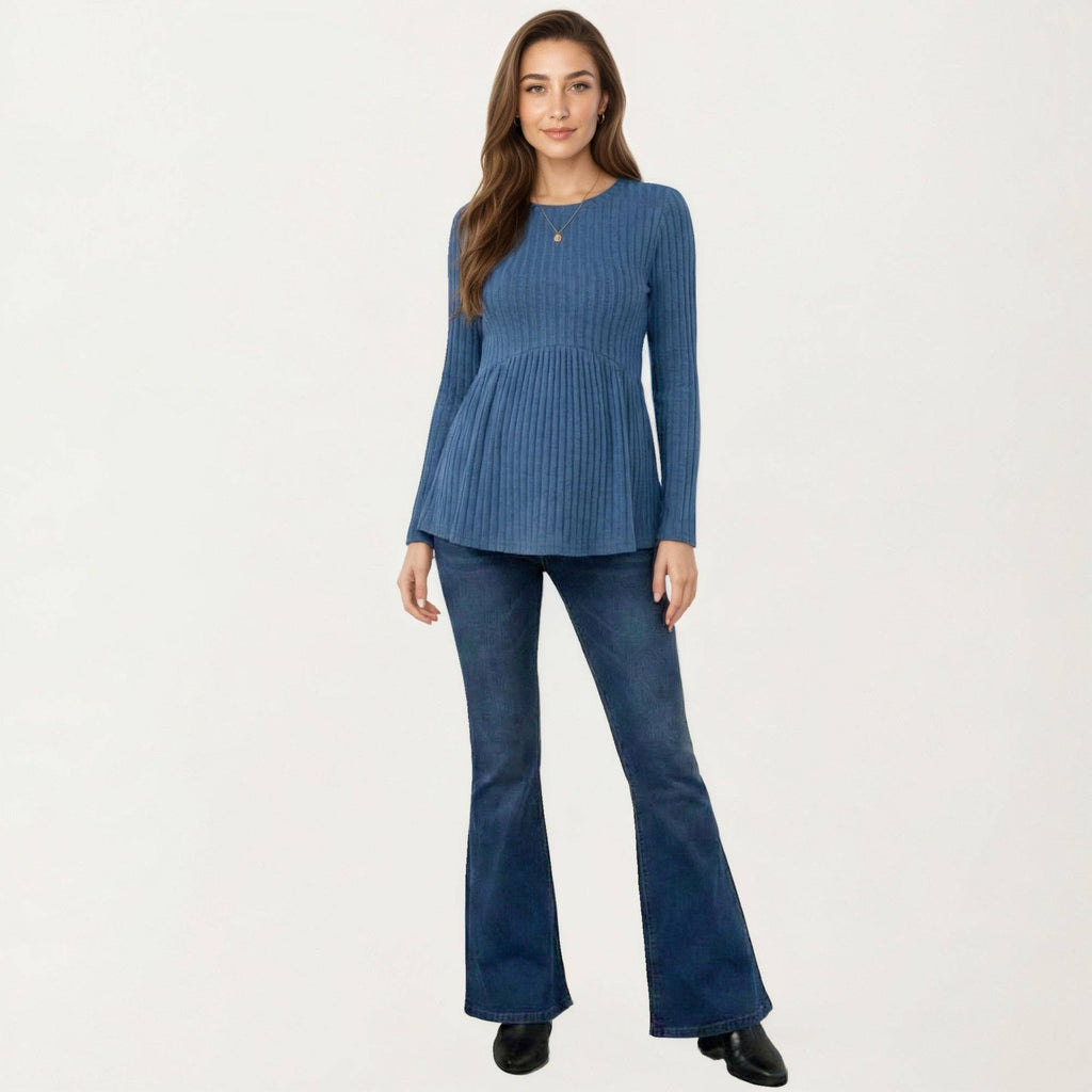 Maternity Long Sleeve Ribbed Knit Top with Crew Neck and Empire Waist
