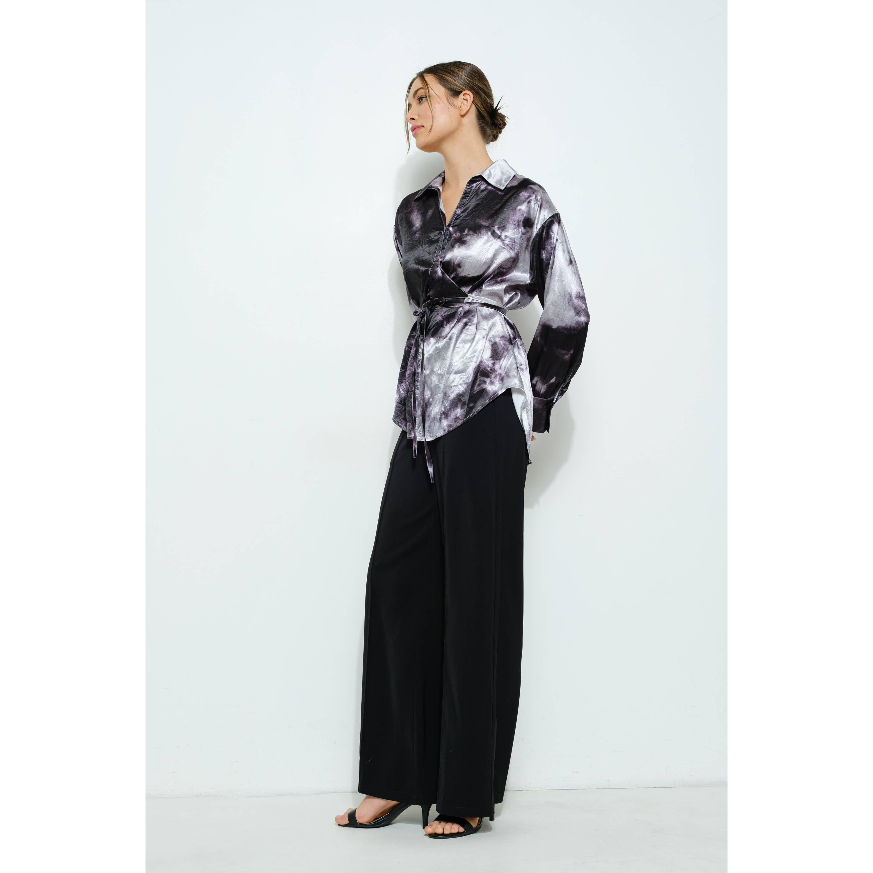 Long Sleeve Tie Dye Print Wrap Detail Blouse Top