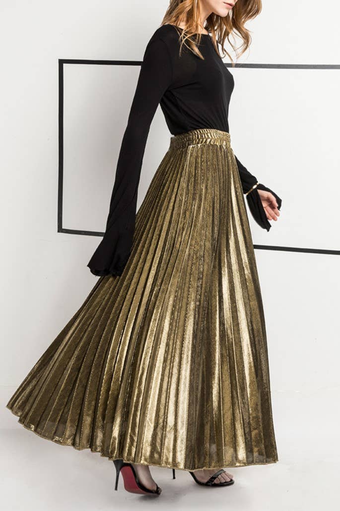 Metallic Elastic waist pleated skirt