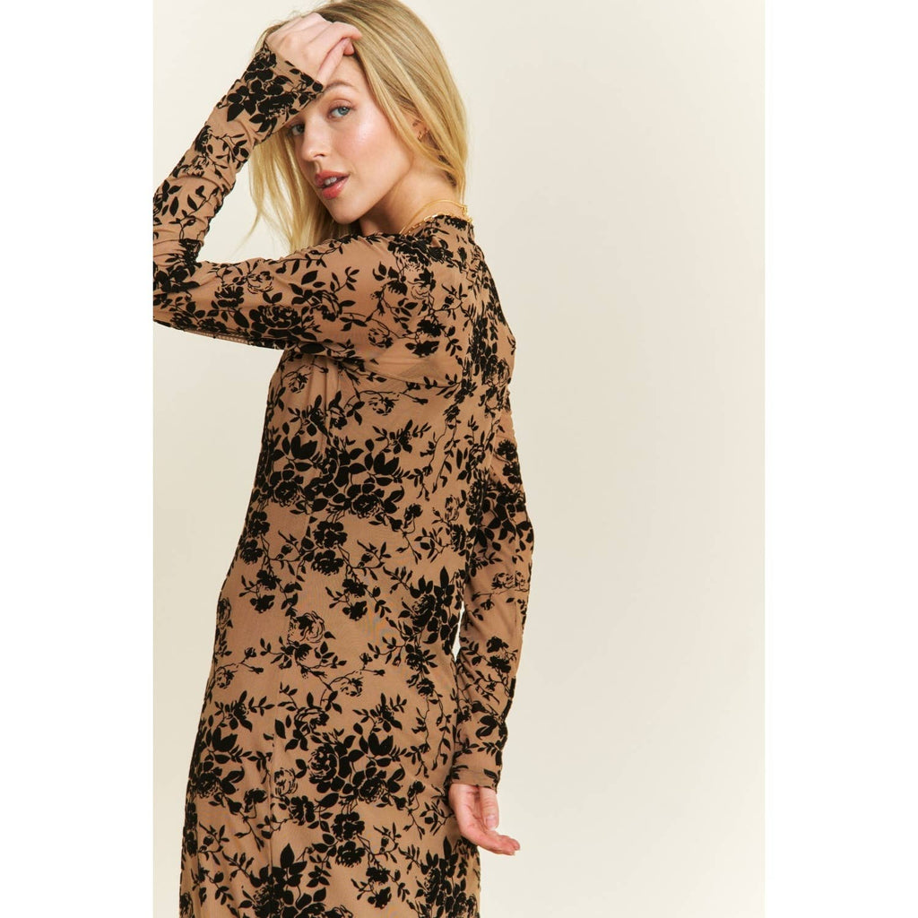 VELVET FLOCKING MAXI MESH DRESS WITH LONG SLEEVE