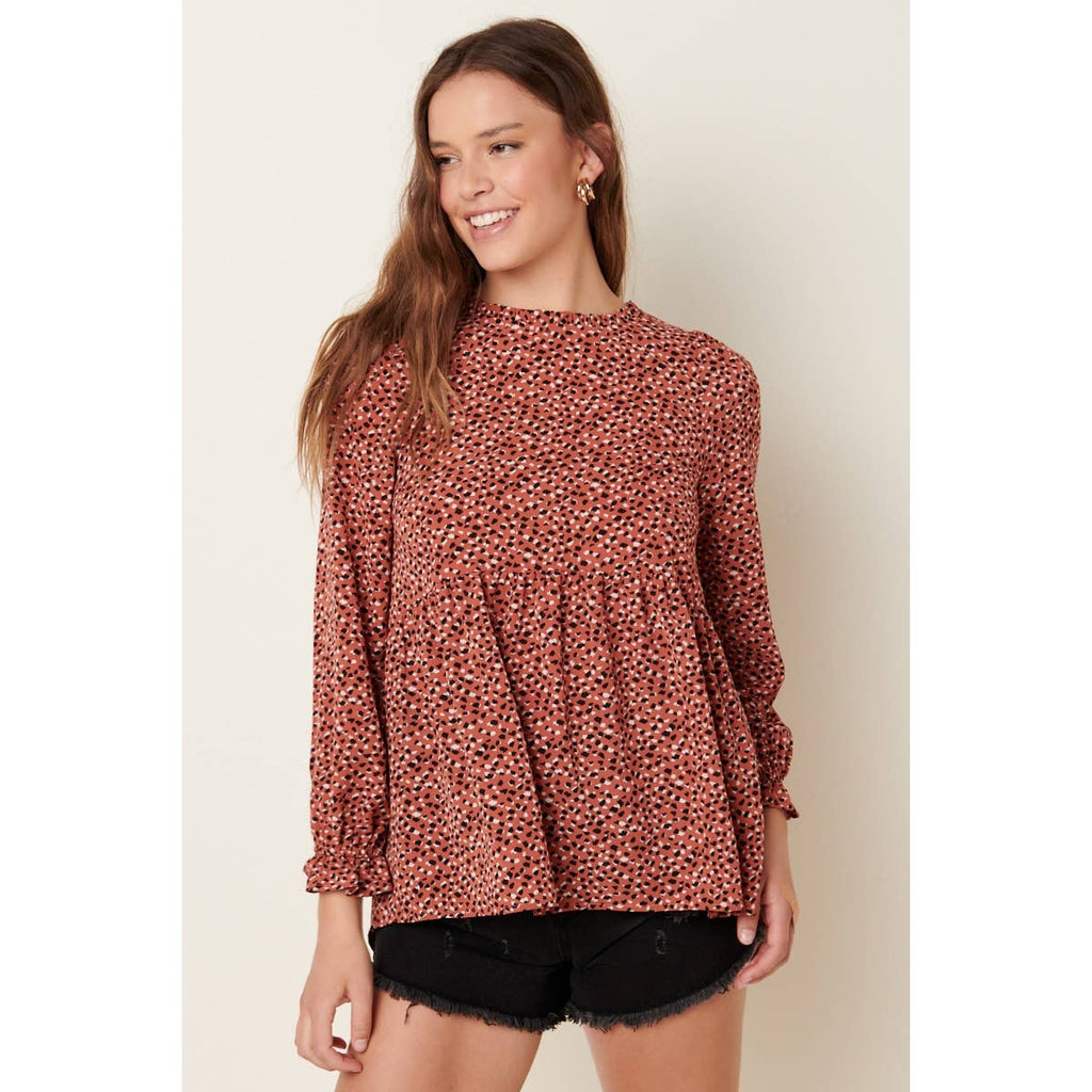 ABSTRACT PRINT RUFFLE MOCK NECK BLOUSE