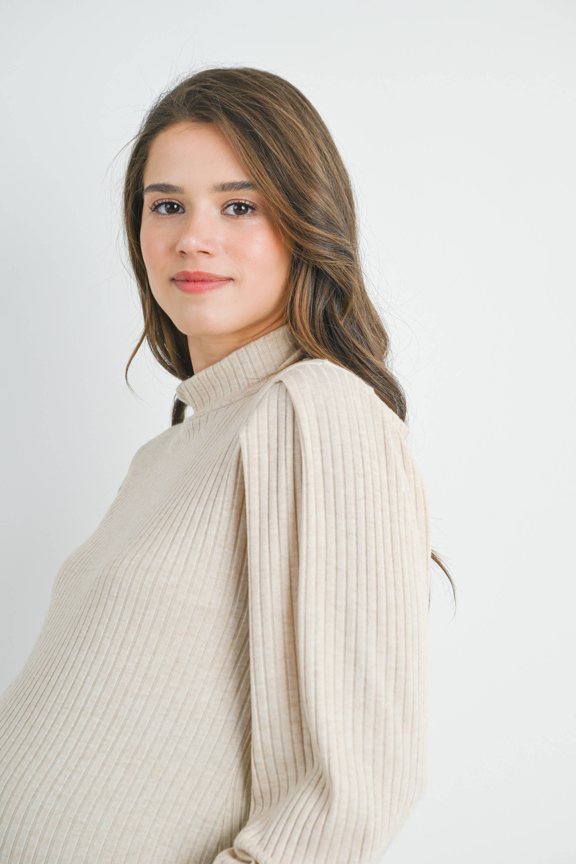 Ribbed Mock Neck Puff Sleeve Maternity Top