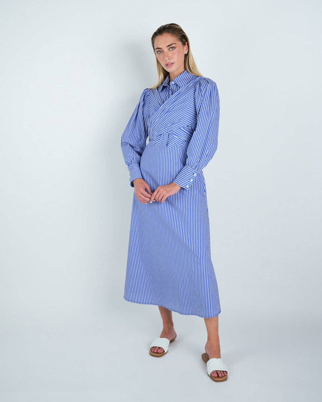 Cotton Striped Criss-Cross Midi Shirt Dress