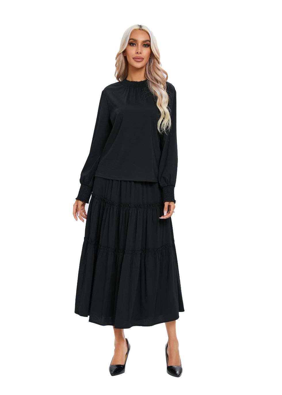 Black Tiered Midi Dress Outfit Set