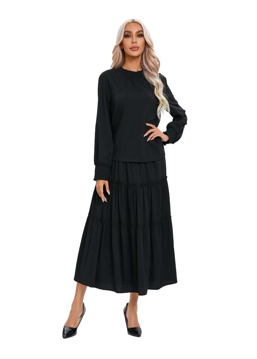 Black Tiered Midi Dress Outfit Set