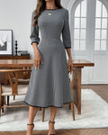 Casual Plaid Dress Elegant Mid Sleeve Slim Dress