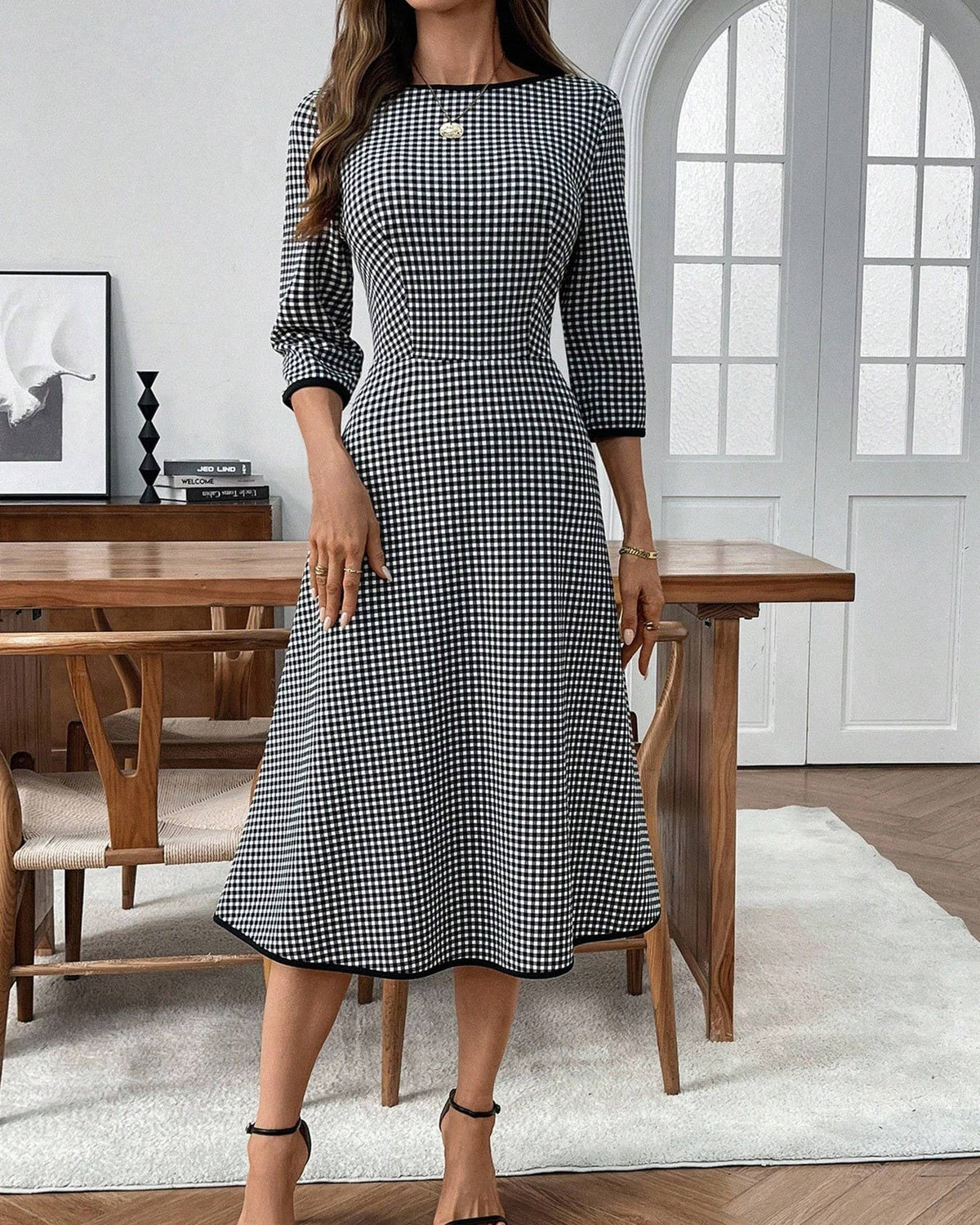 Casual Plaid Dress Elegant Mid Sleeve Slim Dress